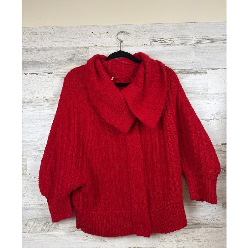 Vintage Free People Womens L Red Wool Blend Chunky Knit Cowl Neck Snap Sweater